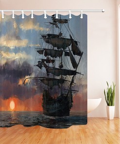 Medieval Pirate Ship Waterproof Fabric Bathroom Decors Shower Curtain