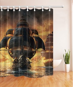 Medieval Style Pirate Battleship Shower Curtain for Waterproof Bathroom Decor
