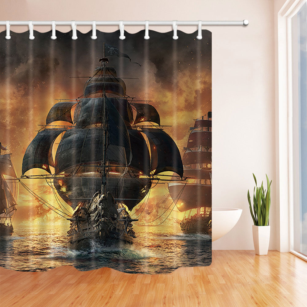 Medieval Style Pirate Battleship Shower Curtain for Waterproof Bathroom Decor