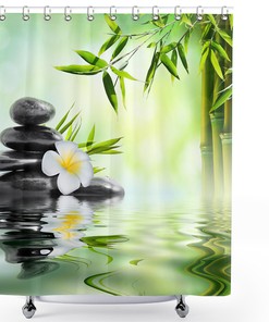 Meditation Bamboo Stalks and Candle Spa Shower Curtain, Cloth Fabric Bathroom Decor with Therapeutic Quotes