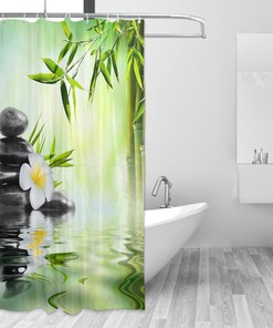 Meditation Bamboo Stalks and Candle Spa Shower Curtain, Cloth Fabric Bathroom Decor with Therapeutic Quotes