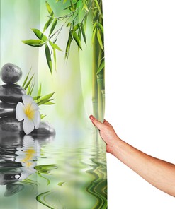 Meditation Bamboo Stalks and Candle Spa Shower Curtain, Cloth Fabric Bathroom Decor with Therapeutic Quotes