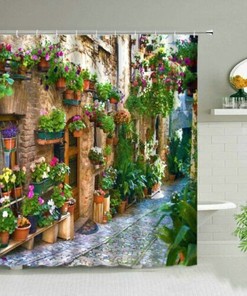 Mediterranean Scenic Shower Curtain Of Cobbled Streets And Outdoor Garden Fence