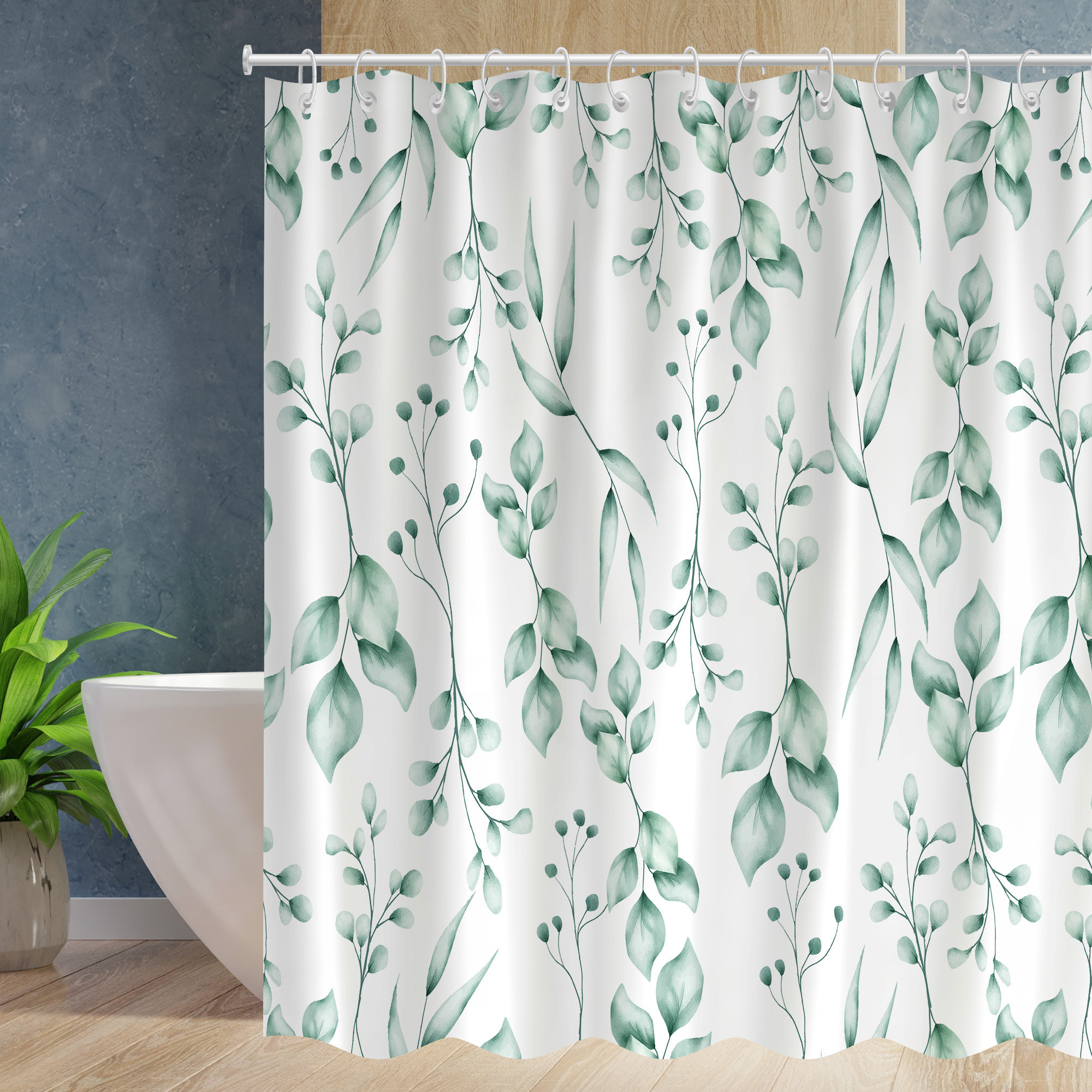 Mediterranean Tree Green Leaf Shower Curtain With Watercolor Olive Branch Print, Waterproof Fabric Bathroom Decor