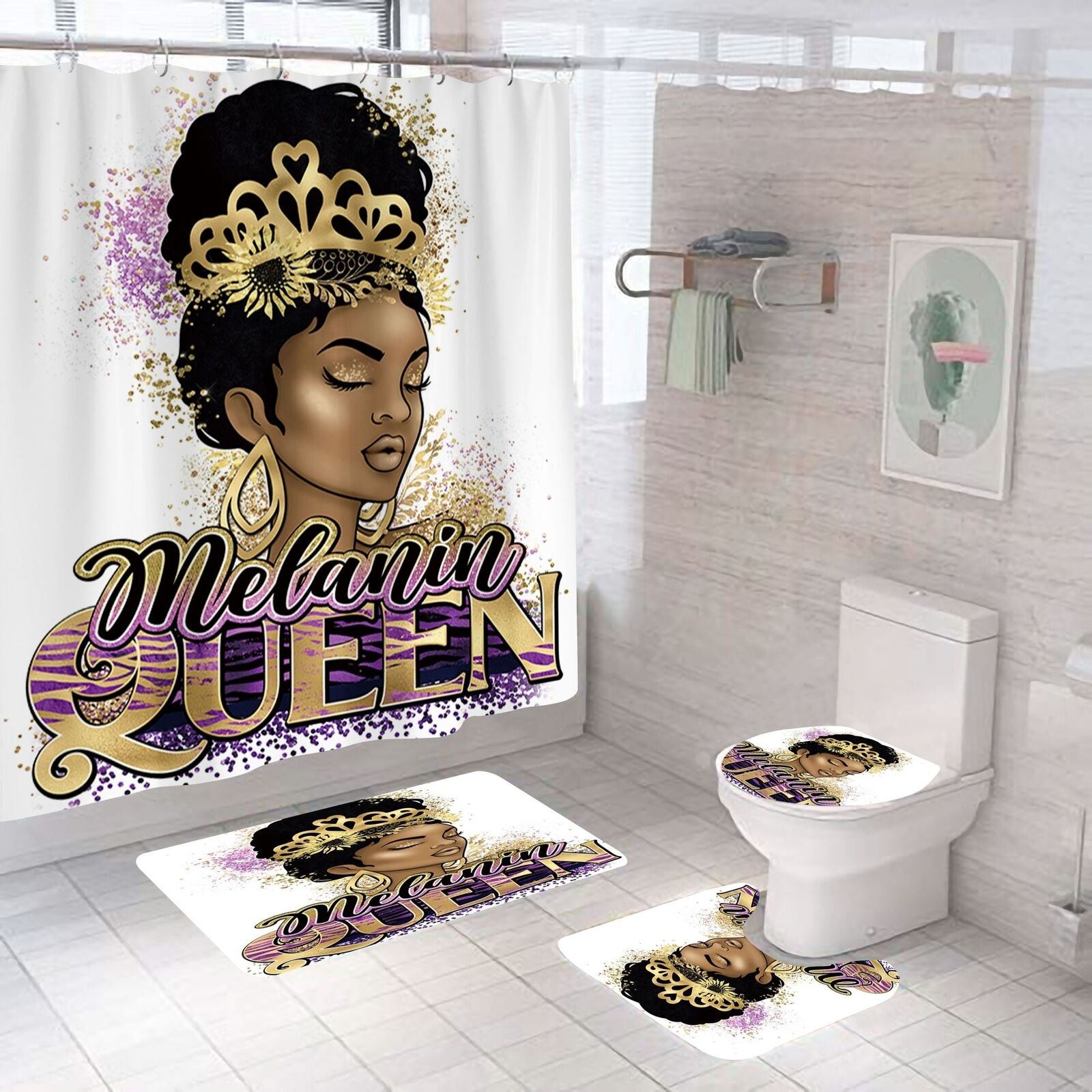 Melanin Queen African American Shower Curtain 4 Piece Set