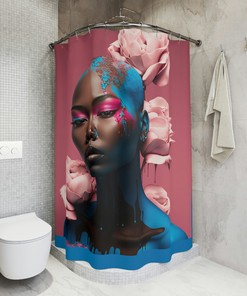 Melanin Queen Pink & Blue Shower Curtain With Roses For Elegant Bathroom Decor