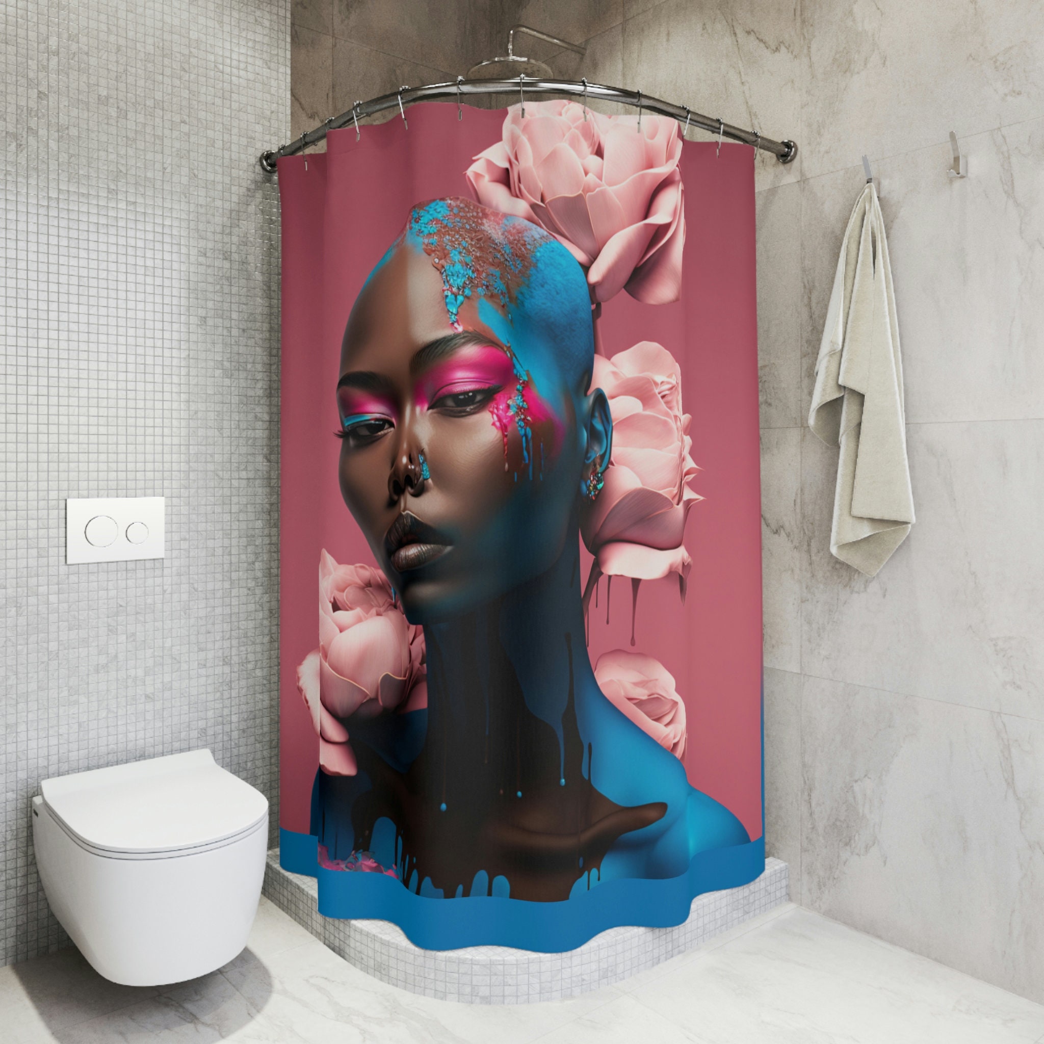 Melanin Queen Pink & Blue Shower Curtain With Roses For Elegant Bathroom Decor