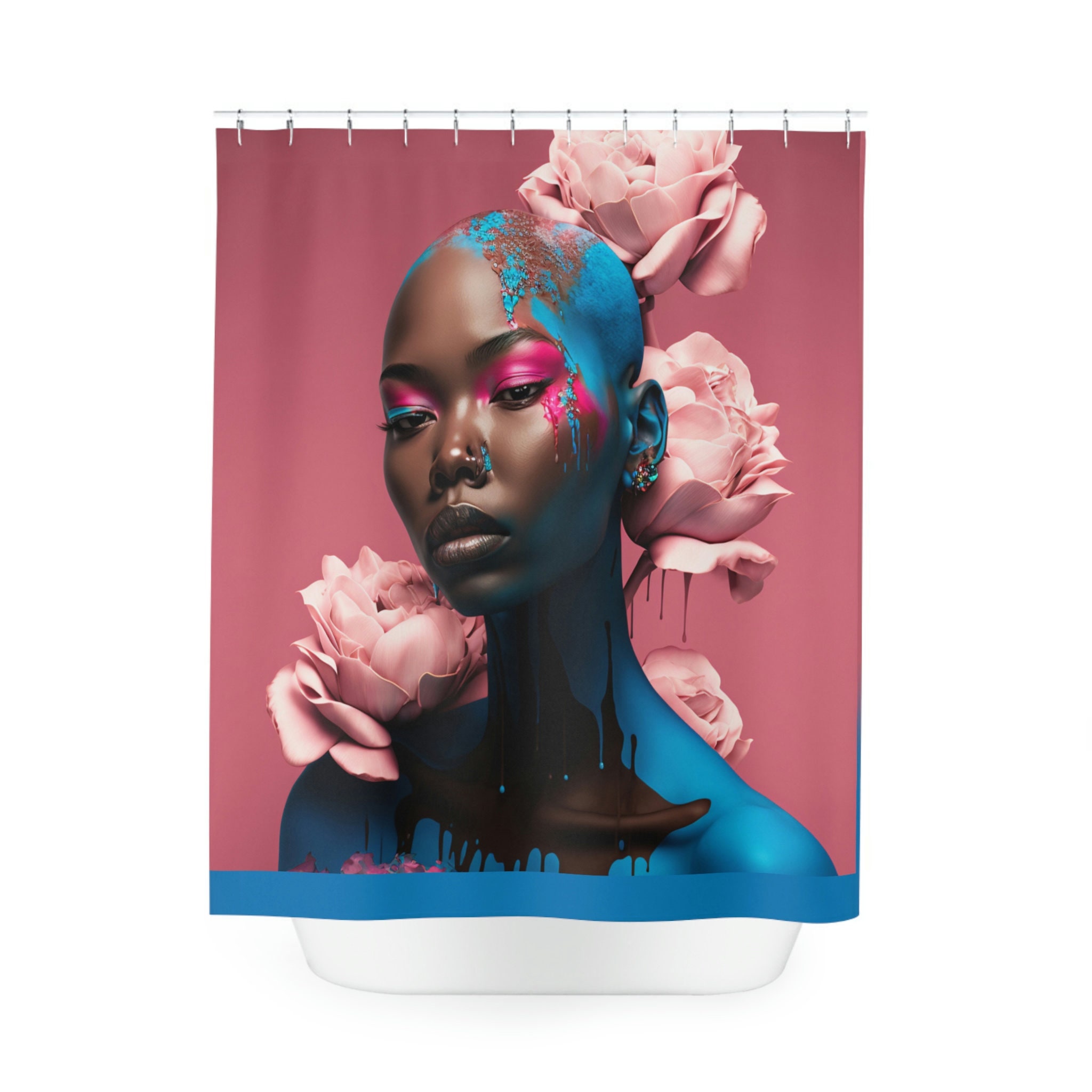 Melanin Queen Pink & Blue Shower Curtain With Roses For Elegant Bathroom Decor - Image 2