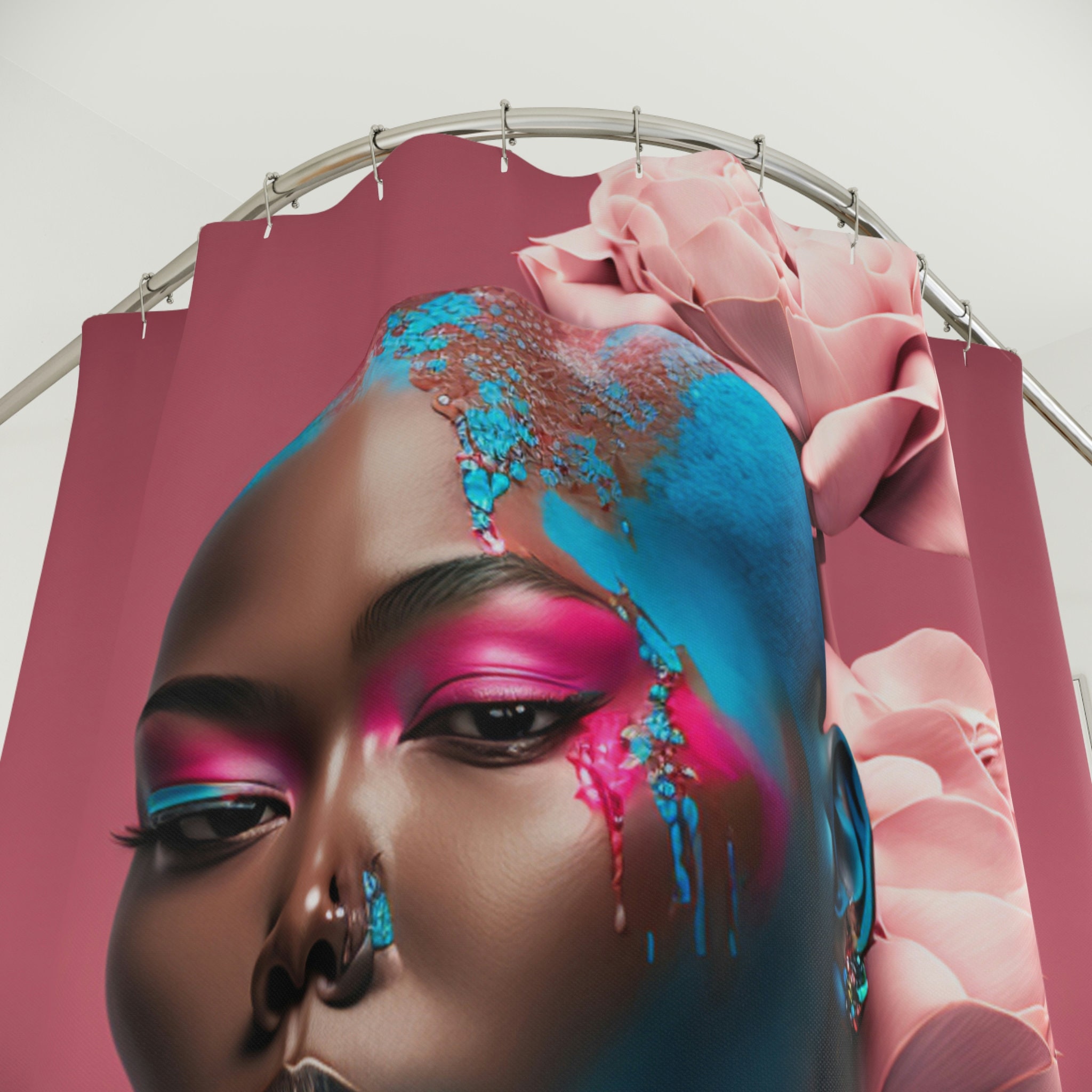 Melanin Queen Pink & Blue Shower Curtain With Roses For Elegant Bathroom Decor - Image 3
