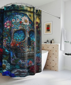 Memento Mori Shower Curtain - Stained Glass Skull with Floral Surroundings 