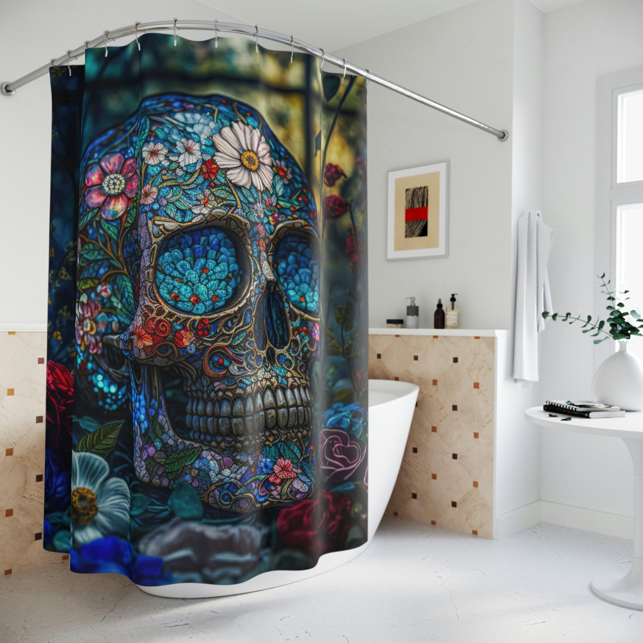 Memento Mori Shower Curtain - Stained Glass Skull with Floral Surroundings