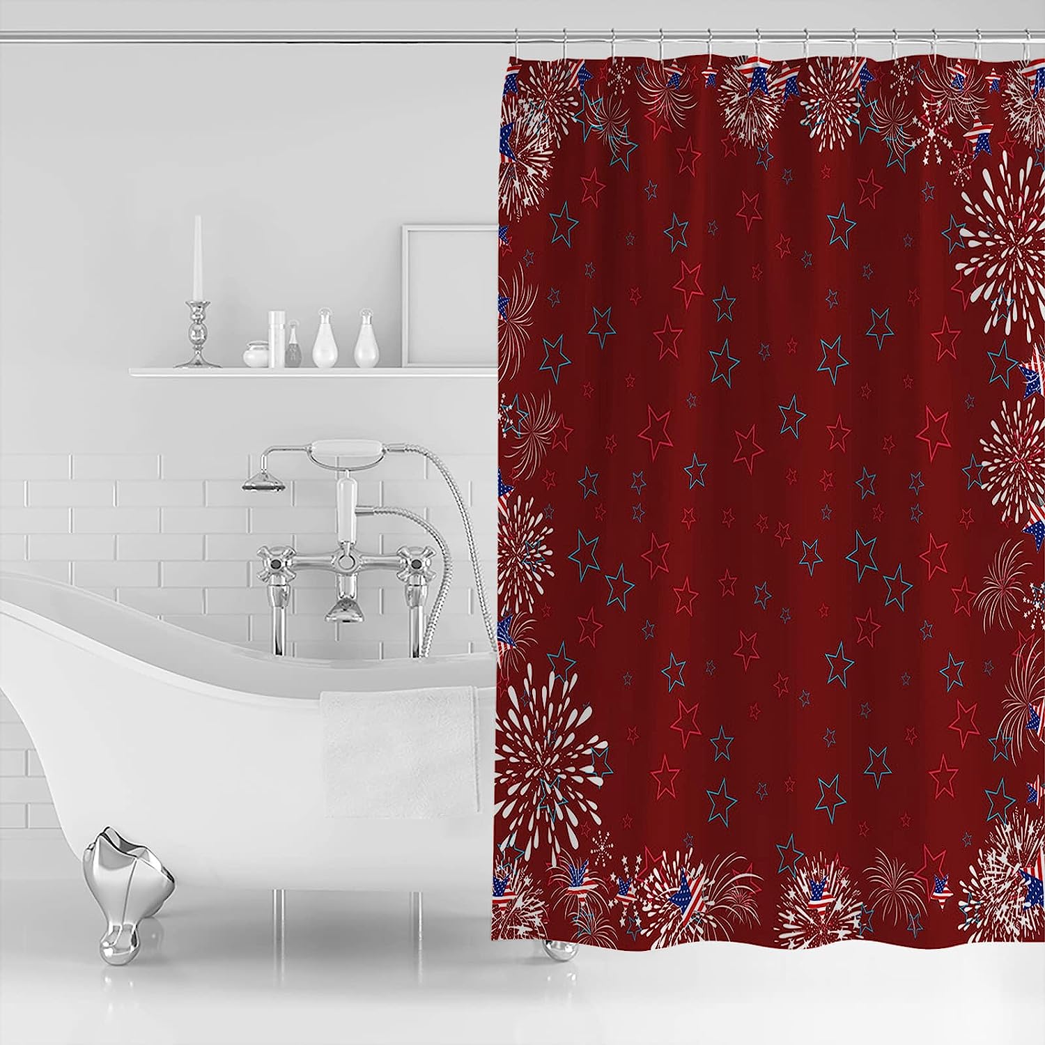 Memorial Day Stripes Red Freedom Stars Shower Curtain - Patriotic Memorial Waterproof Bath Curtain - Image 2
