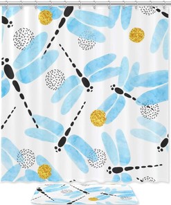 Memory Foam Dragonfly Shower Curtain Blue Watercolor Bathroom Decor Waterproof Fabric