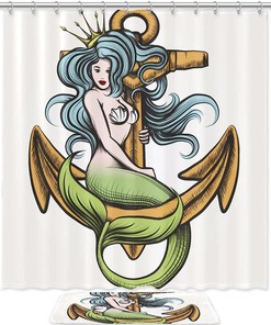 Mermaid Anchor Print Shower Curtain Waterproof Fabric for Fantasy Theme Bathroom Decoration
