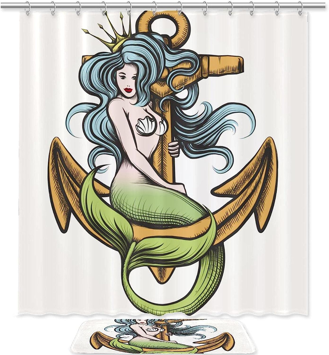 Mermaid Anchor Print Shower Curtain Waterproof Fabric for Fantasy Theme Bathroom Decoration