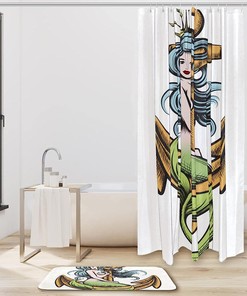 Mermaid Anchor Print Shower Curtain Waterproof Fabric for Fantasy Theme Bathroom Decoration
