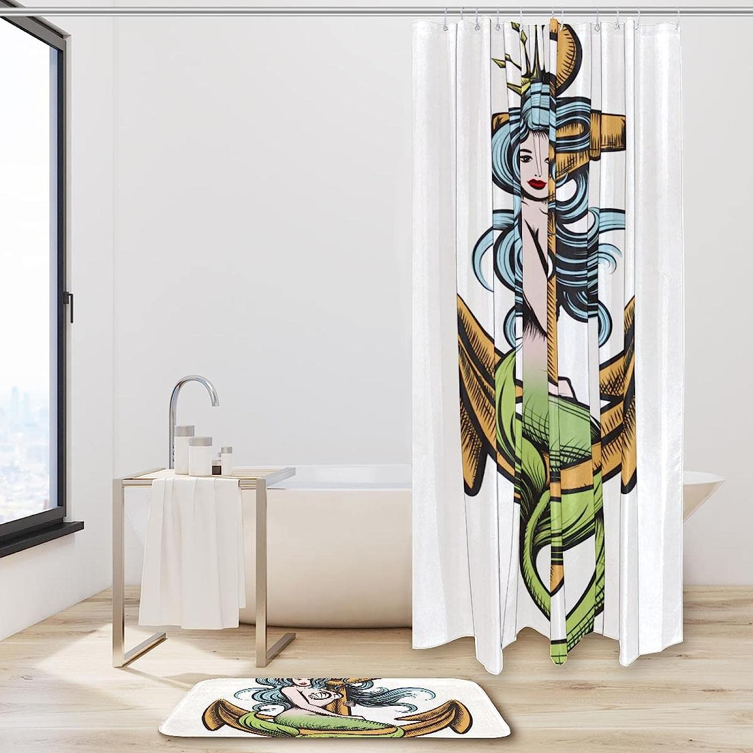 Mermaid Anchor Print Shower Curtain Waterproof Fabric for Fantasy Theme Bathroom Decoration
