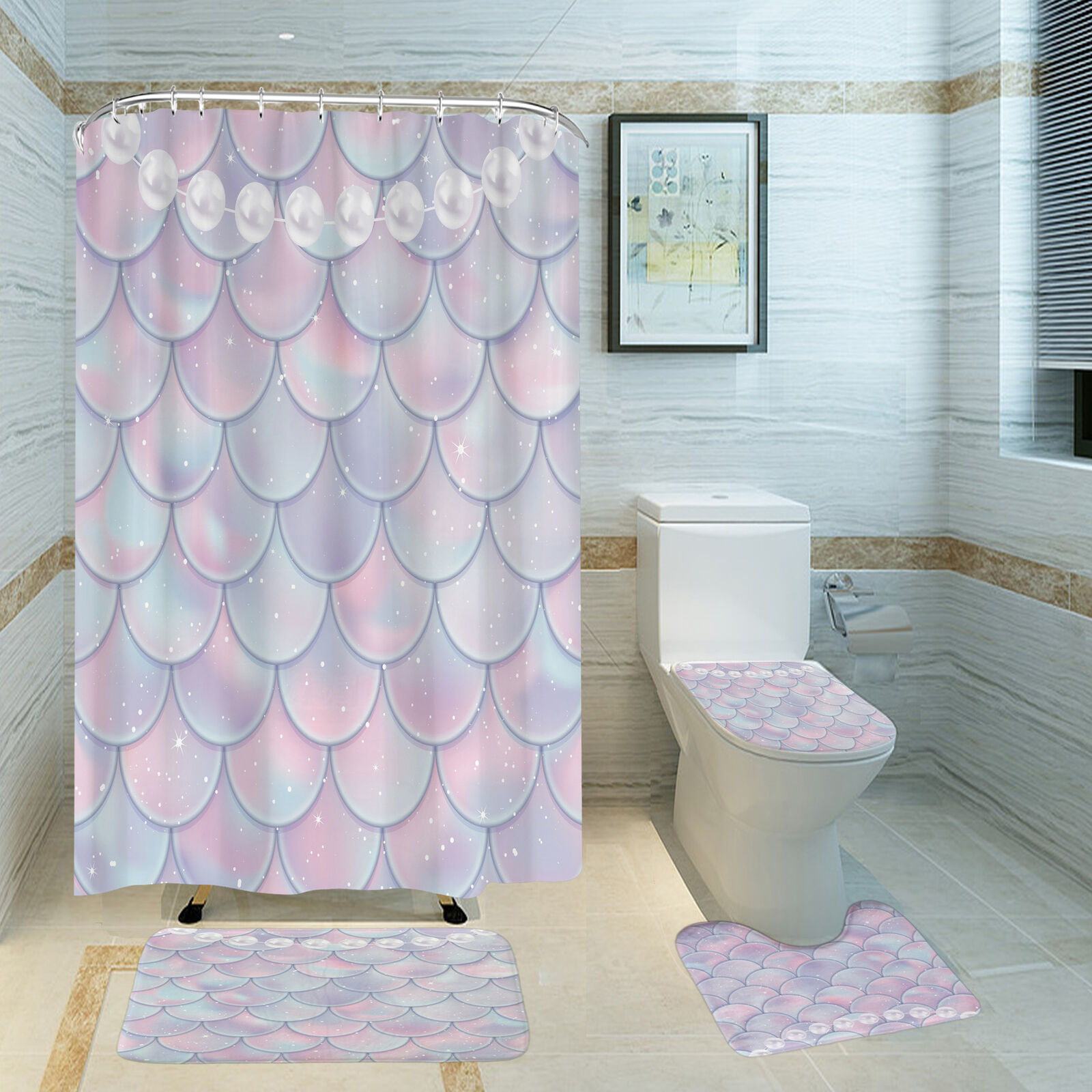 Mermaid And Colorful Scale Print Waterproof Shower Curtain For Bathroom Decor