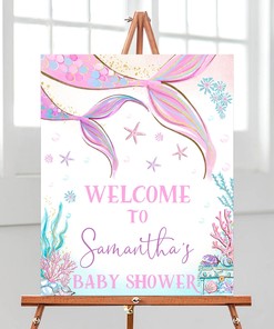 Mermaid Baby Shower Welcome Sign, Under The Sea Pink Purple Gold Sprinkle Poster - Bbs304