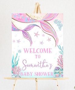 Mermaid Baby Shower Welcome Sign, Under The Sea Pink Purple Gold Sprinkle Poster - Bbs304