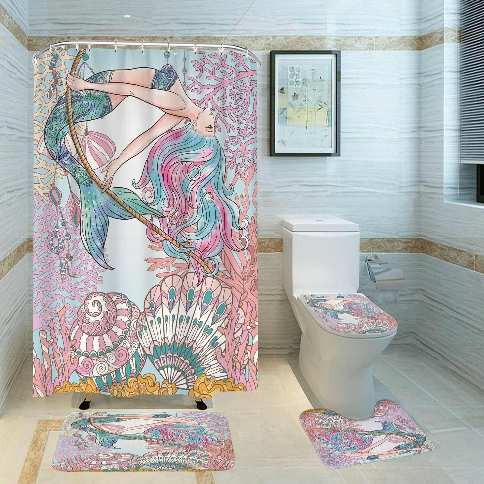 Mermaid Coral Shell 3D Shower Curtain For A Nautical Themed Bathroom