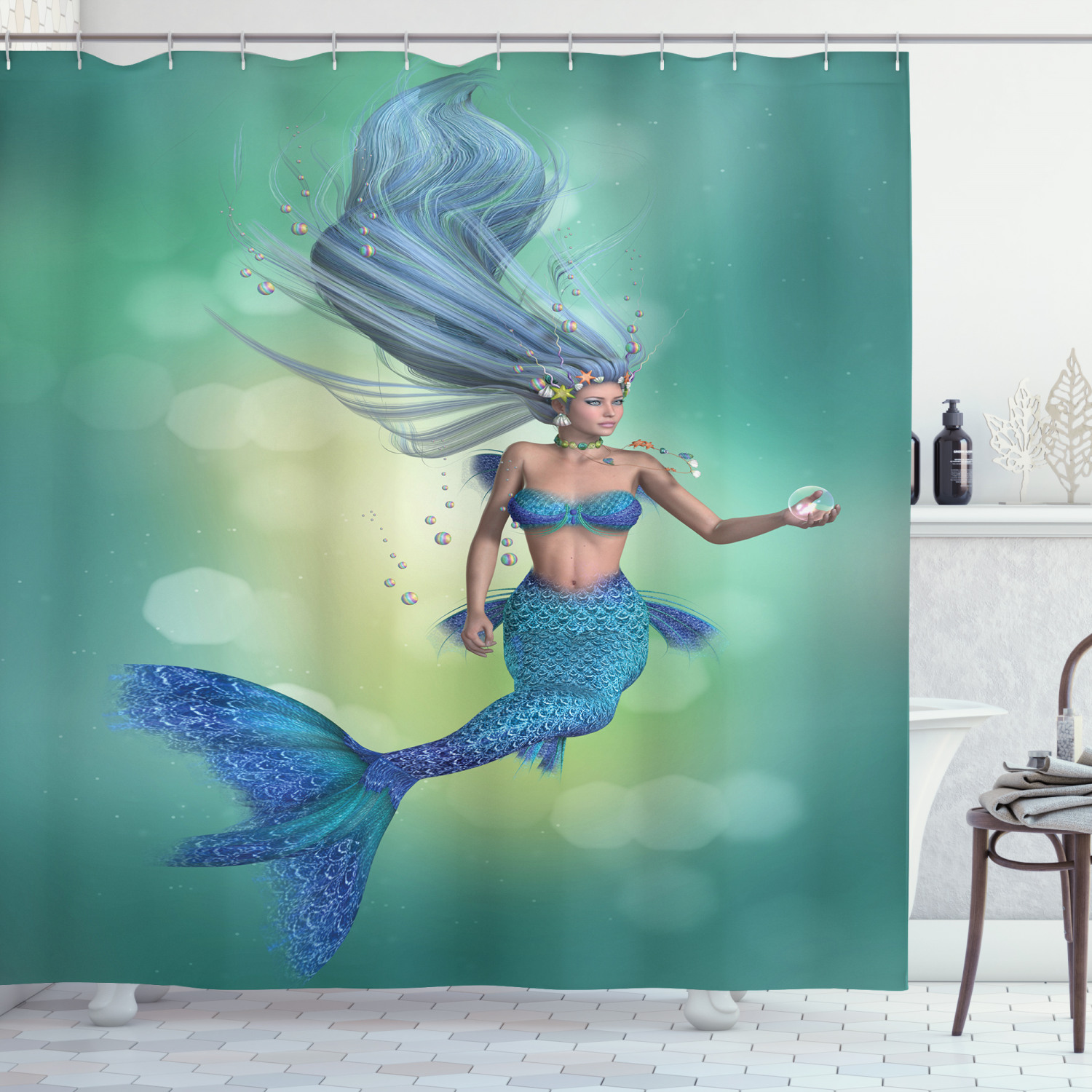 Mermaid Elegant Girl Blue Chic Green Design Shower Curtain