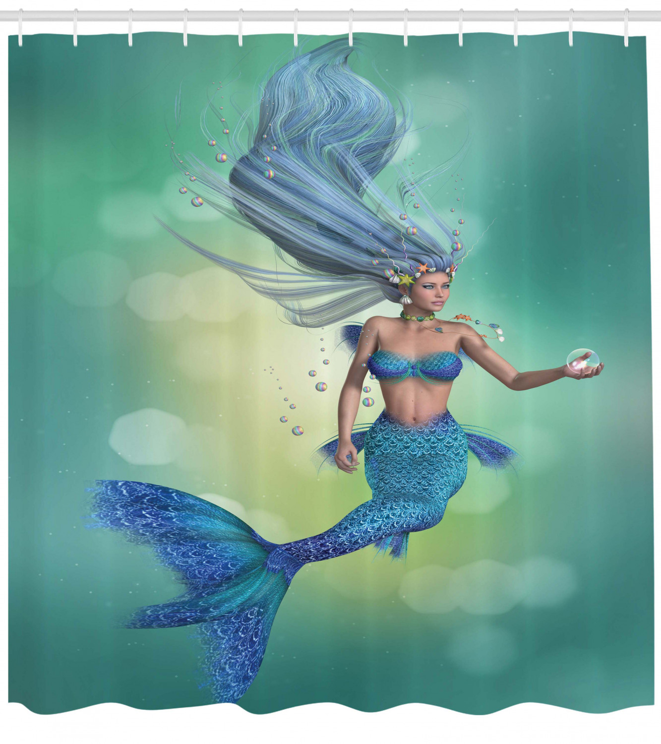 Mermaid Elegant Girl Blue Chic Green Design Shower Curtain