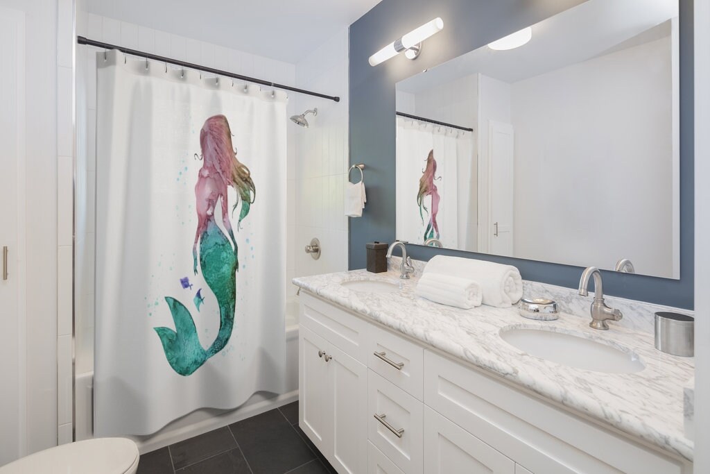 Mermaid Fish Blue Purple Watercolor Shower Curtain for Bathroom
