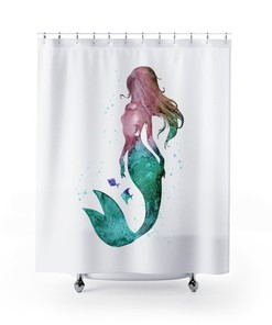 Mermaid Fish Blue Purple Watercolor Shower Curtain for Bathroom