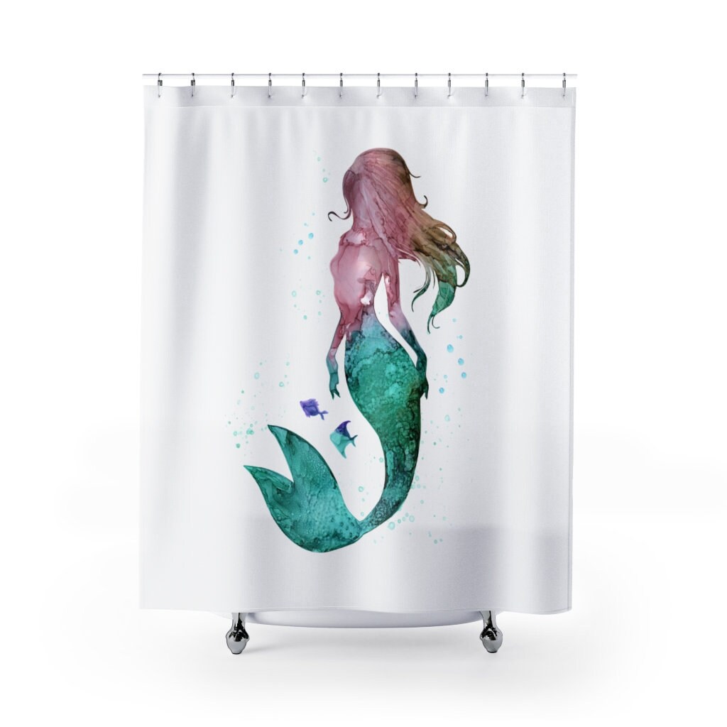 Mermaid Fish Blue Purple Watercolor Shower Curtain for Bathroom