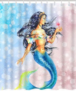 Mermaid Girl Holding Flower Hair Blue Sequin Print Shower Curtain for Home Decor