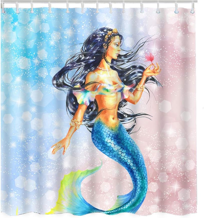 Mermaid Girl Holding Flower Hair Blue Sequin Print Shower Curtain for Home Decor
