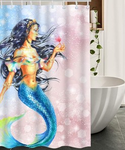 Mermaid Girl Holding Flower Hair Blue Sequin Print Shower Curtain for Home Decor