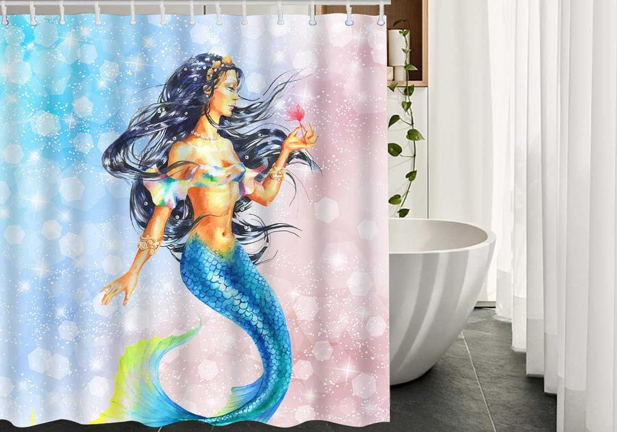 Mermaid Girl Holding Flower Hair Blue Sequin Print Shower Curtain for Home Decor