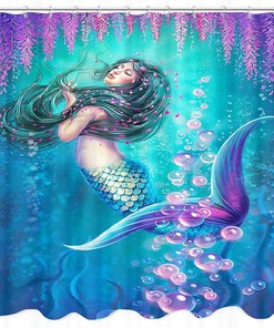 Mermaid Girl Underwater Fish Print Shower Curtain for Bathroom Decor