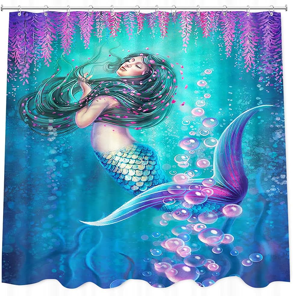 Mermaid Girl Underwater Fish Print Shower Curtain for Bathroom Decor