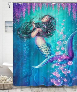 Mermaid Girl Underwater Fish Print Shower Curtain for Bathroom Decor