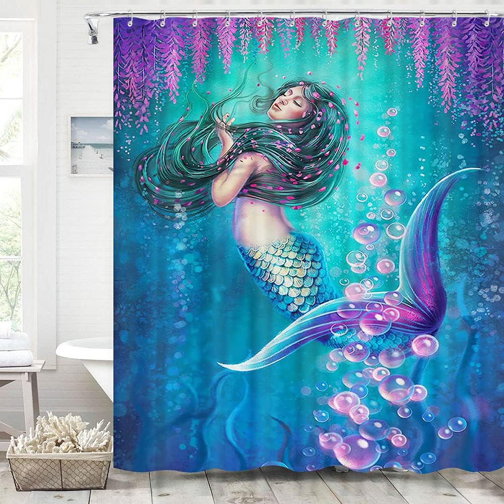 Mermaid Girl Underwater Fish Print Shower Curtain for Bathroom Decor