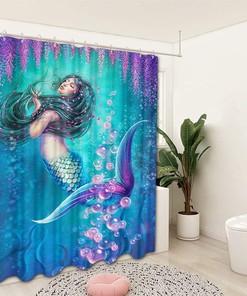 Mermaid Girl Underwater Fish Print Shower Curtain for Bathroom Decor