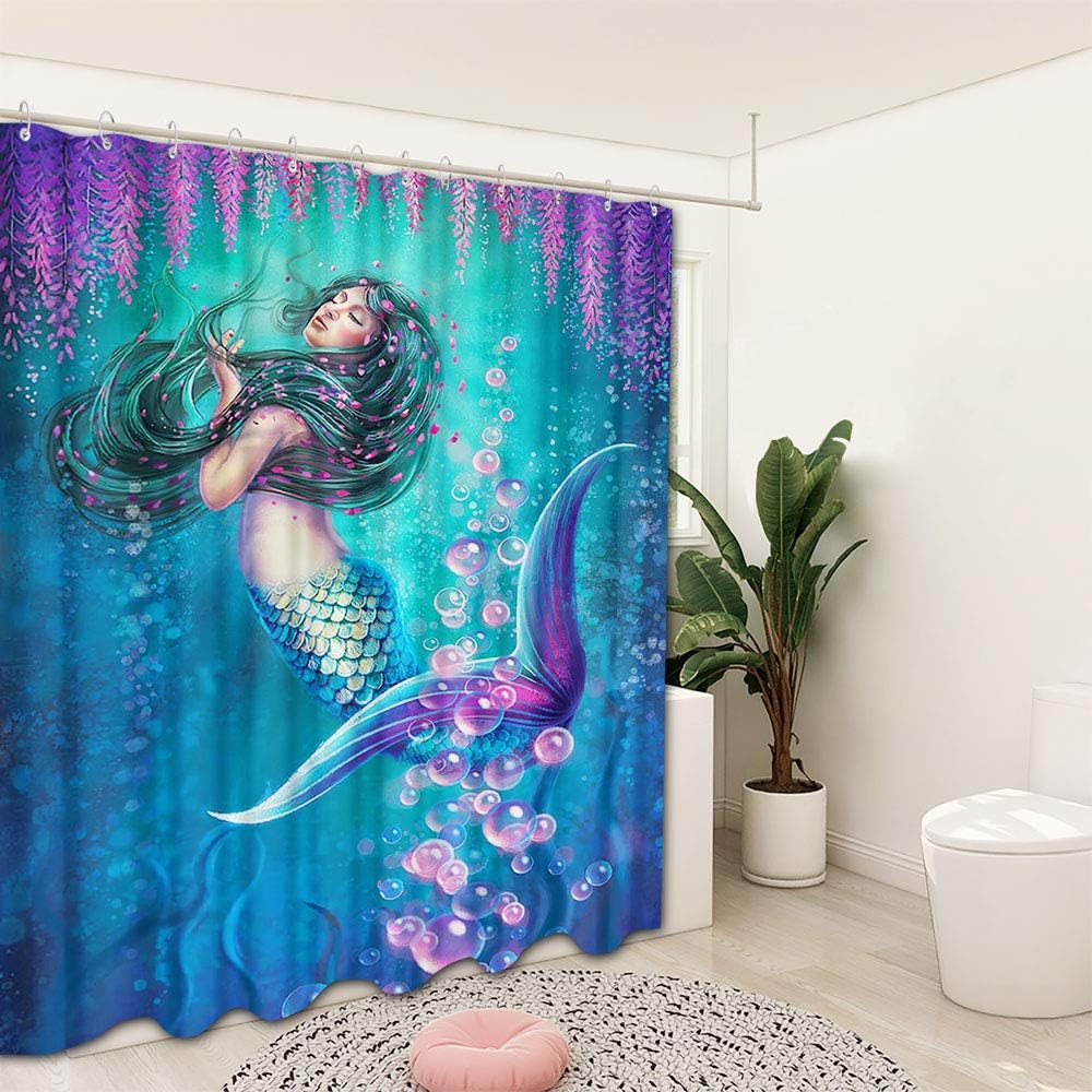 Mermaid Girl Underwater Fish Print Shower Curtain for Bathroom Decor