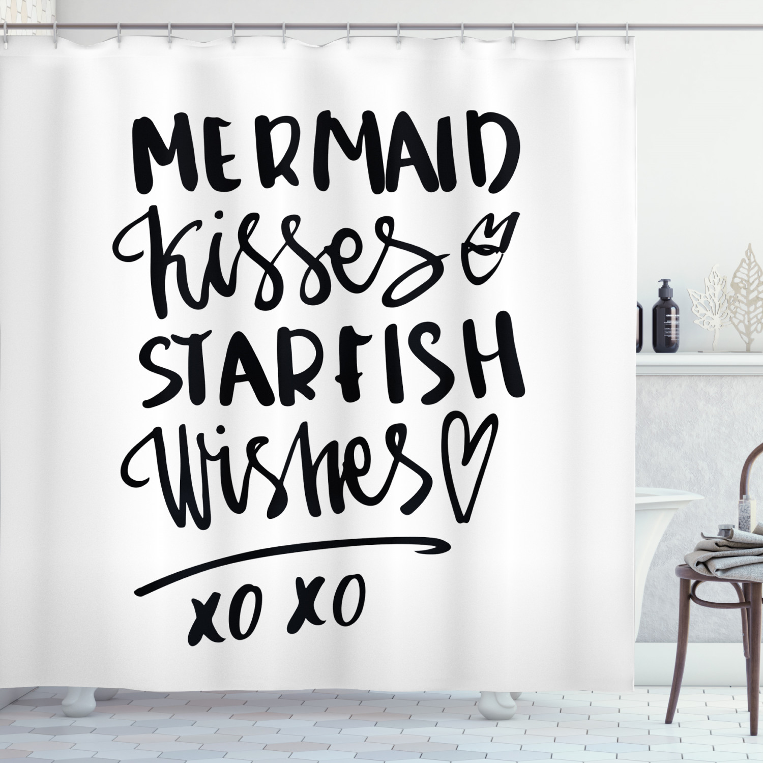 Mermaid Kiss Starfish Quote Print Shower Curtain for Beachy Bathroom