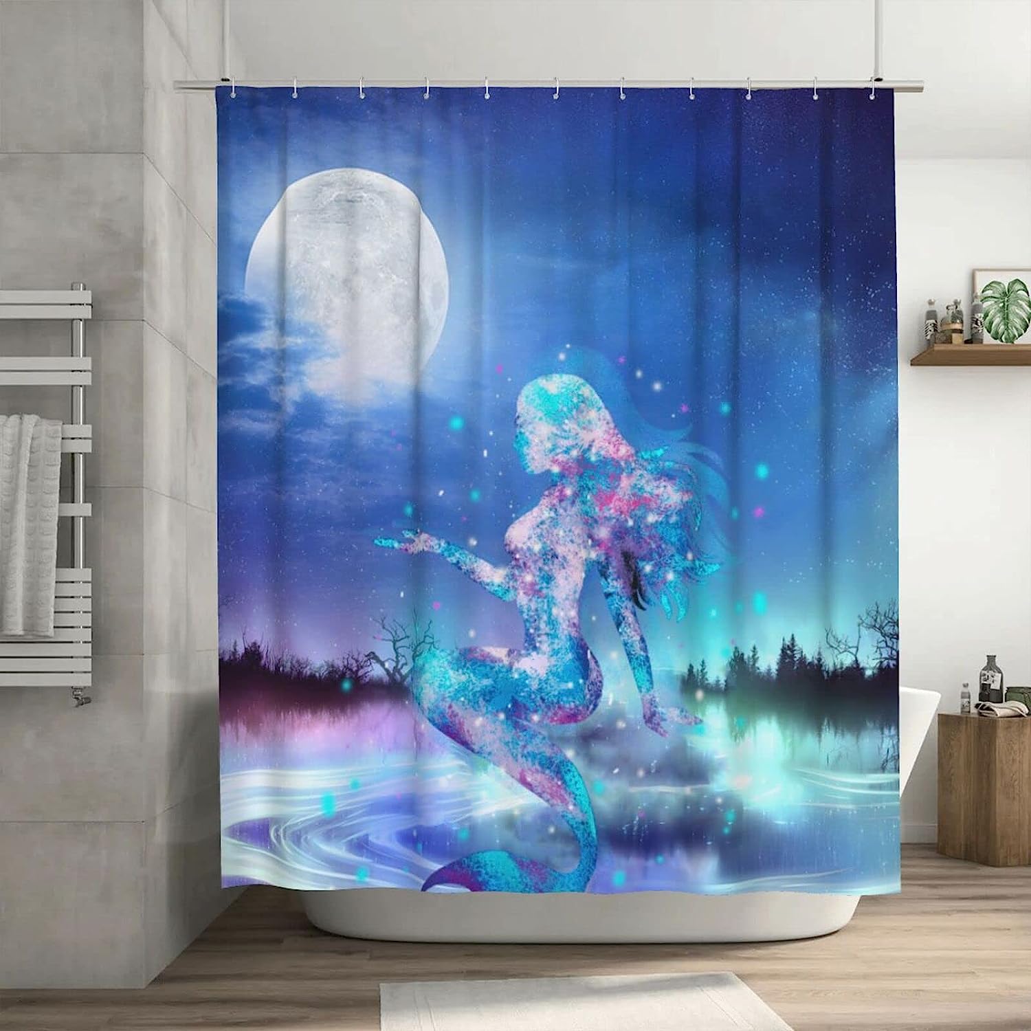 Mermaid Lake Moon Shower Curtain with Crystal Design