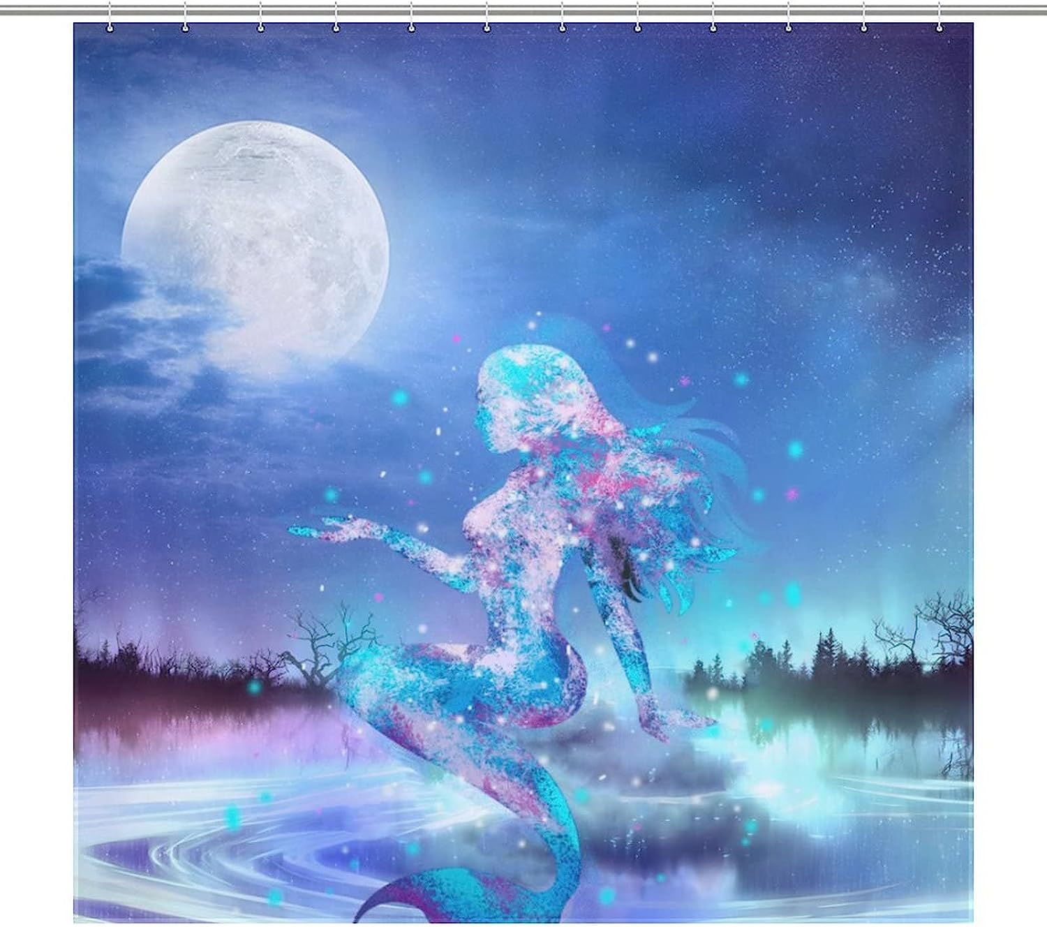 Mermaid Lake Moon Shower Curtain with Crystal Design
