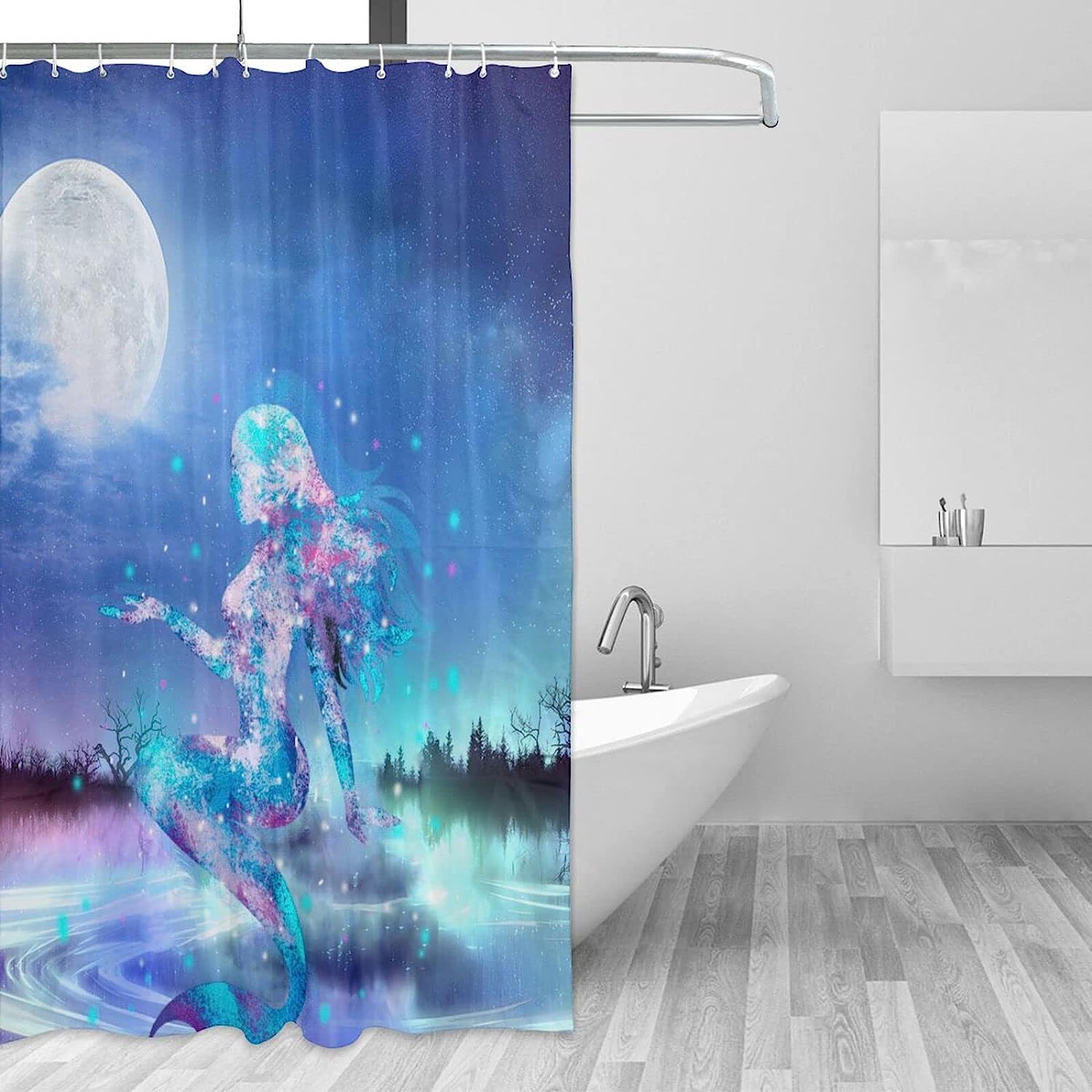 Mermaid Lake Moon Shower Curtain with Crystal Design