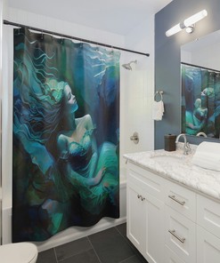 Mermaid On Rock Ocean Shower Curtain In Shades Of Blue And Green