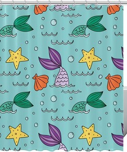 Mermaid Pattern Green Purple Yellow Starfish Blue Unique Shower Curtain