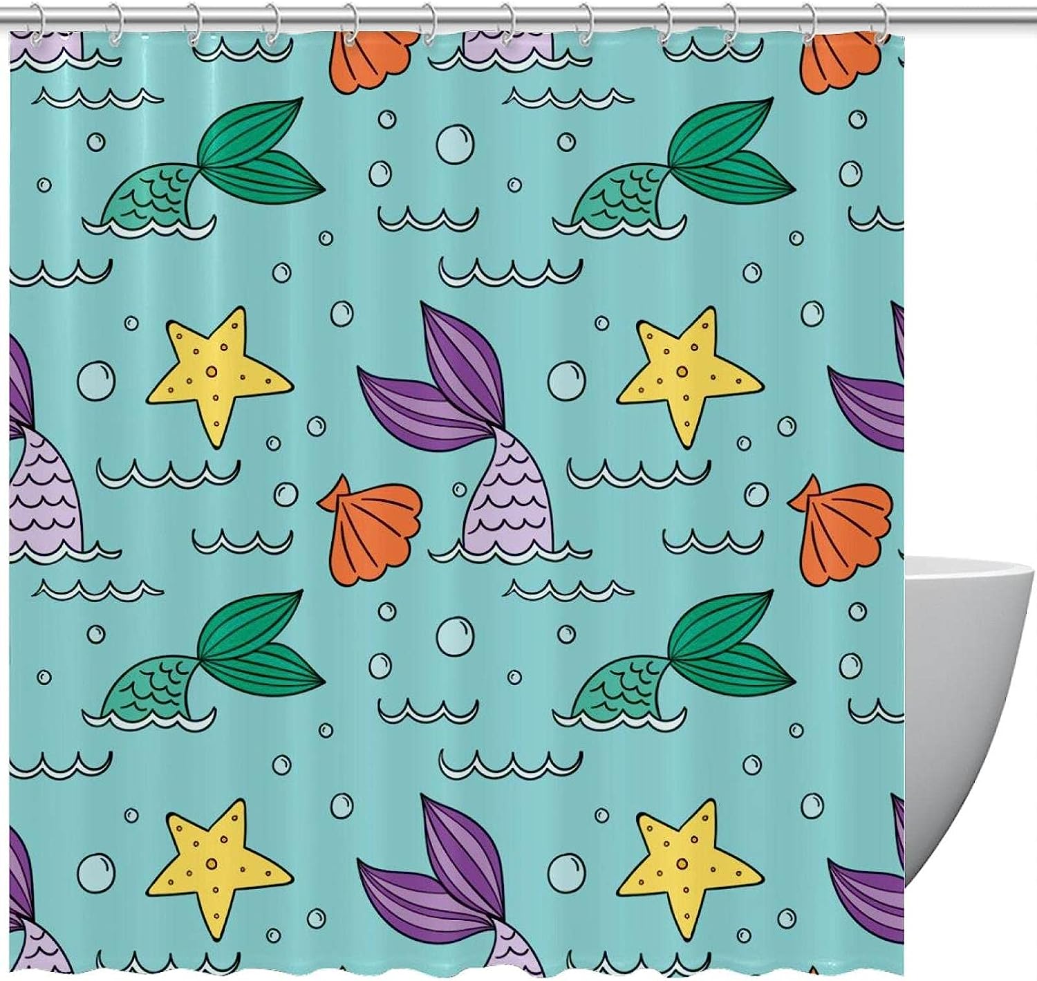 Mermaid Pattern Green Purple Yellow Starfish Blue Unique Shower Curtain
