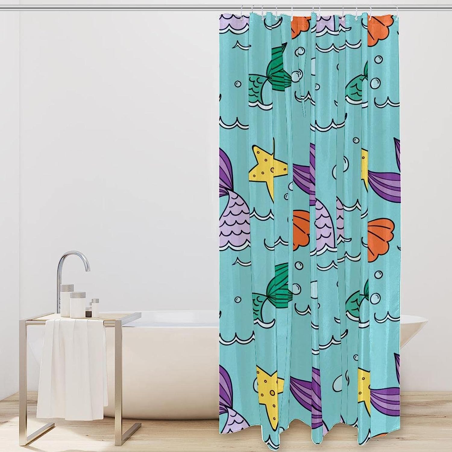 Mermaid Pattern Green Purple Yellow Starfish Blue Unique Shower Curtain