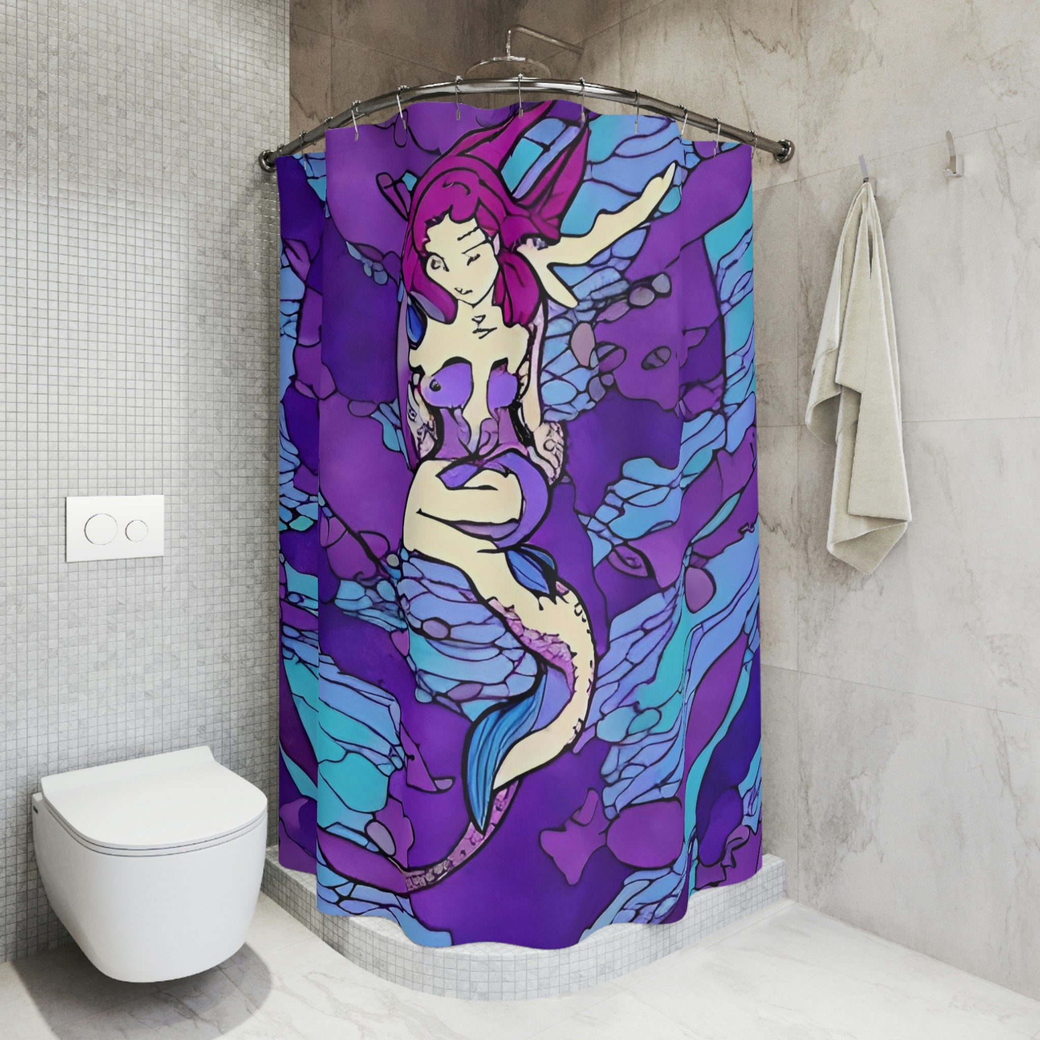 Mermaid Print Shower Curtain - Modern Art Design, Purple Mermaid Art, Bathroom Decor Inspiration