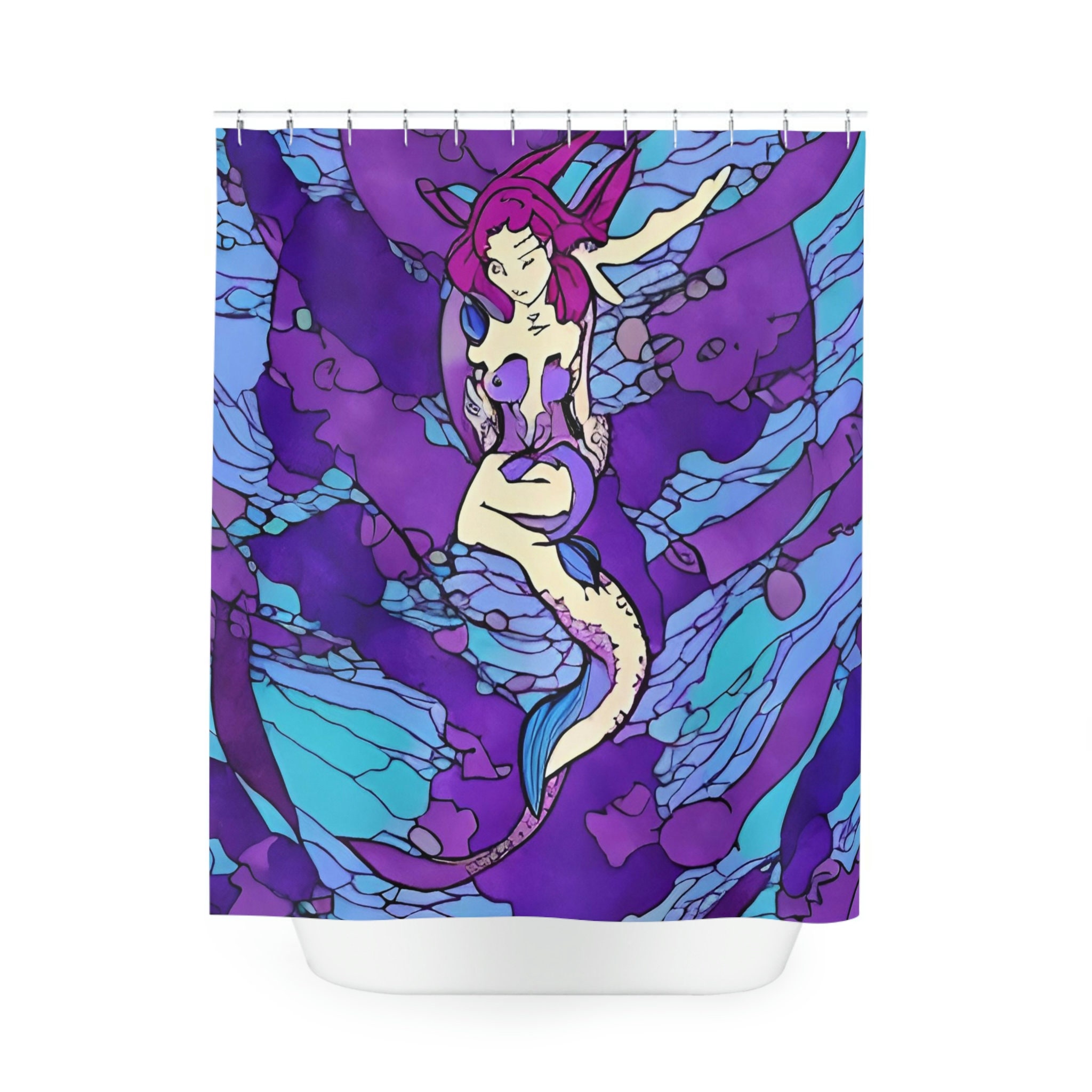 Mermaid Print Shower Curtain - Modern Art Design, Purple Mermaid Art, Bathroom Decor Inspiration